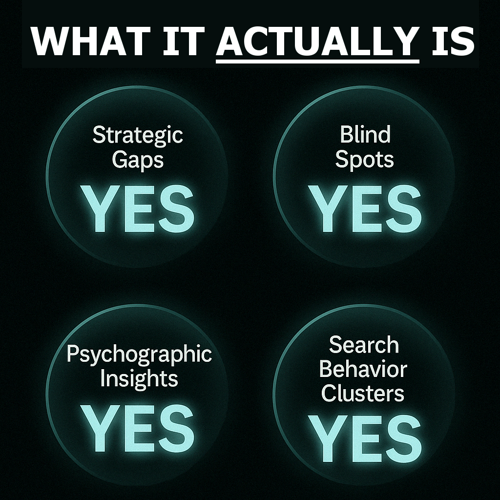 Infographic showing core components of effective content marketing competitor analysis, including strategic gaps, blind spots, psychographic insights, and search behavior clusters.