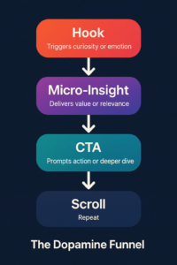 Flowchart showing the dopamine loop in future-proof competitive marketing analysis, moving through hook, micro-insight, CTA, and scroll behavior.