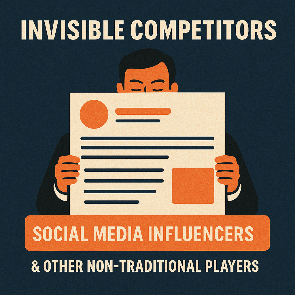 Visual metaphor for hidden competition in content marketing, featuring social media influencers and non-traditional content creators shaping search visibility.