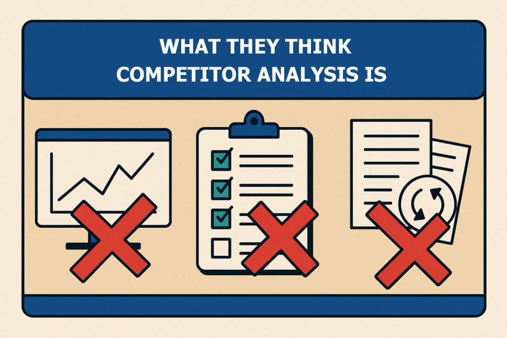 Misconceptions about how to do competitor analysis, including flawed methods like tracking charts and copying blog checklists.