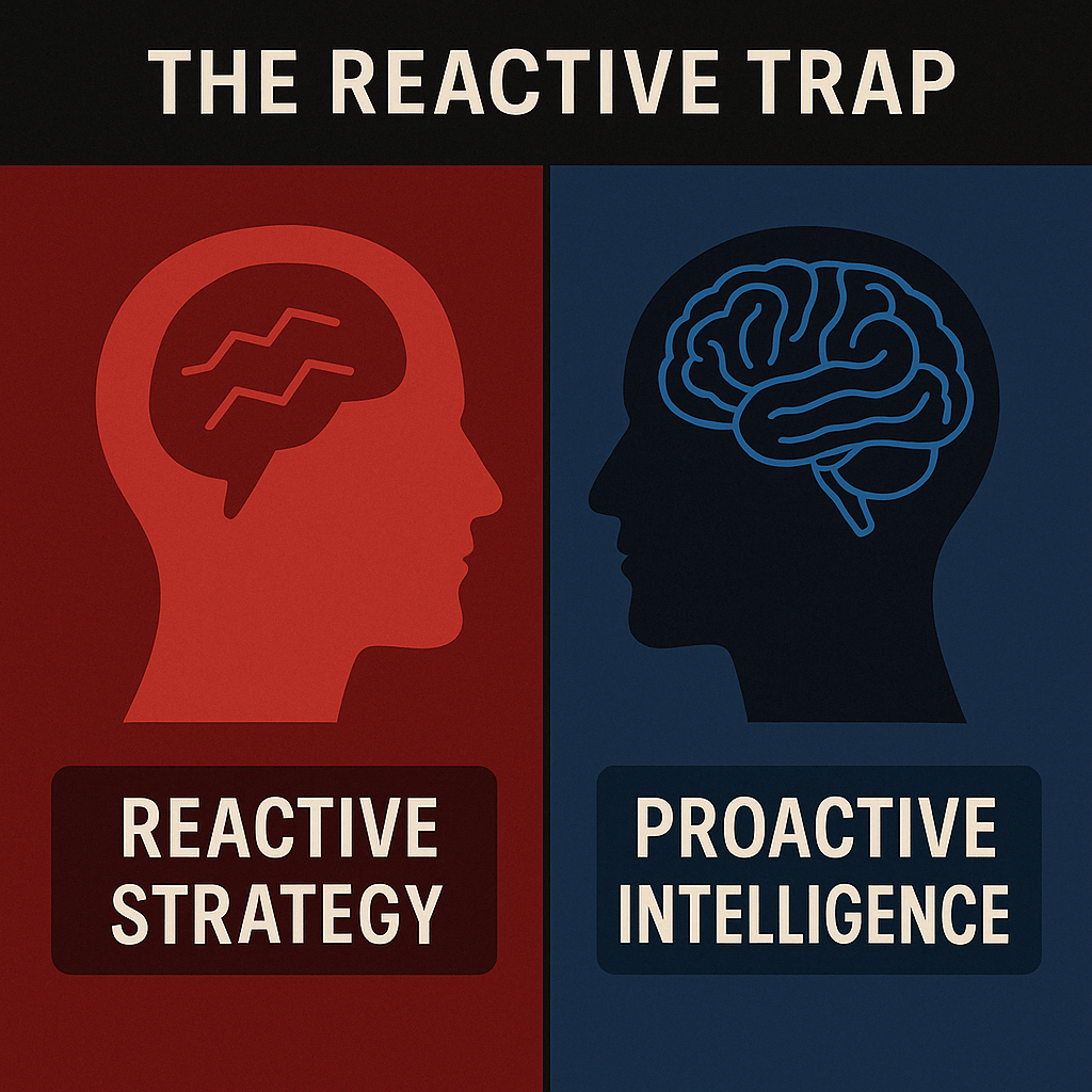Infographic comparing reactive strategy with proactive intelligence in content marketing competitor analysis.