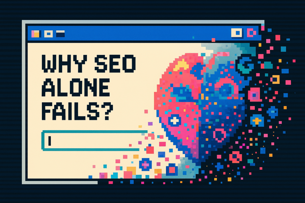 4:3 retro 8-bit digital poster showing a pixel-style browser window disintegrating around the phrase ‘WHY SEO ALONE FAILS?’—symbolizing the evolution of search behavior and digital marketing.