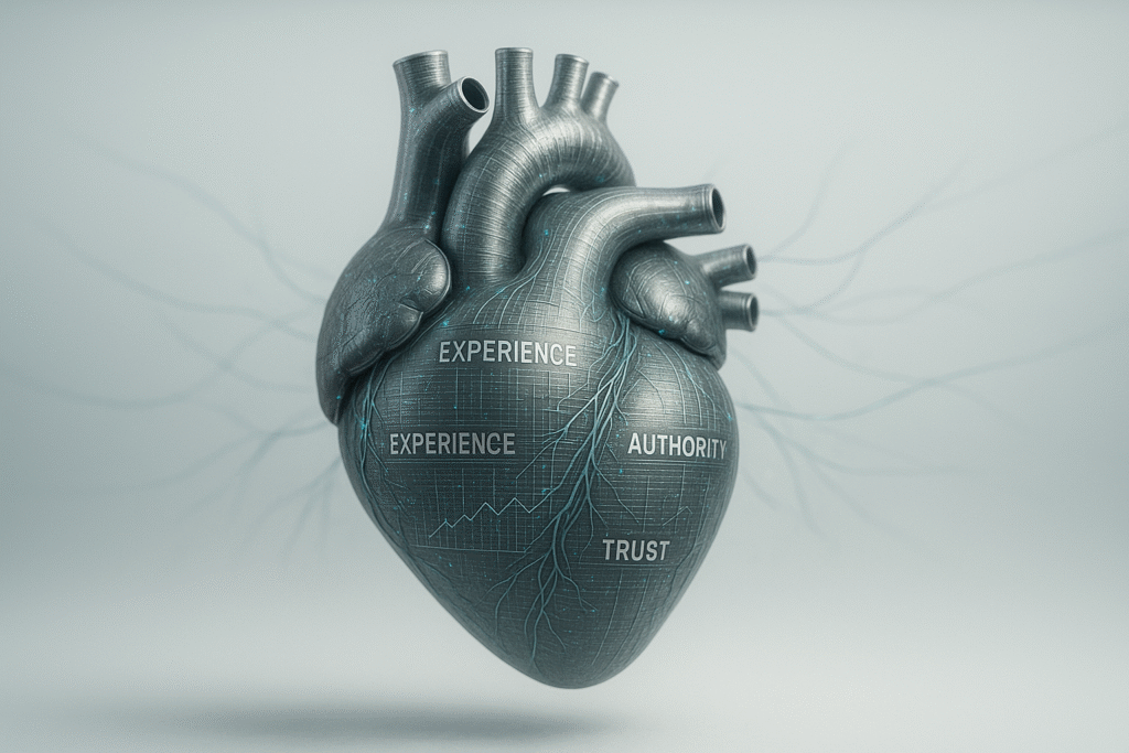 Hyper-realistic 4:3 image of a digital heart made from data fibers and ranking graphs symbolizing E-E-A-T — expertise, experience, authority, and trust in content marketing and SEO.