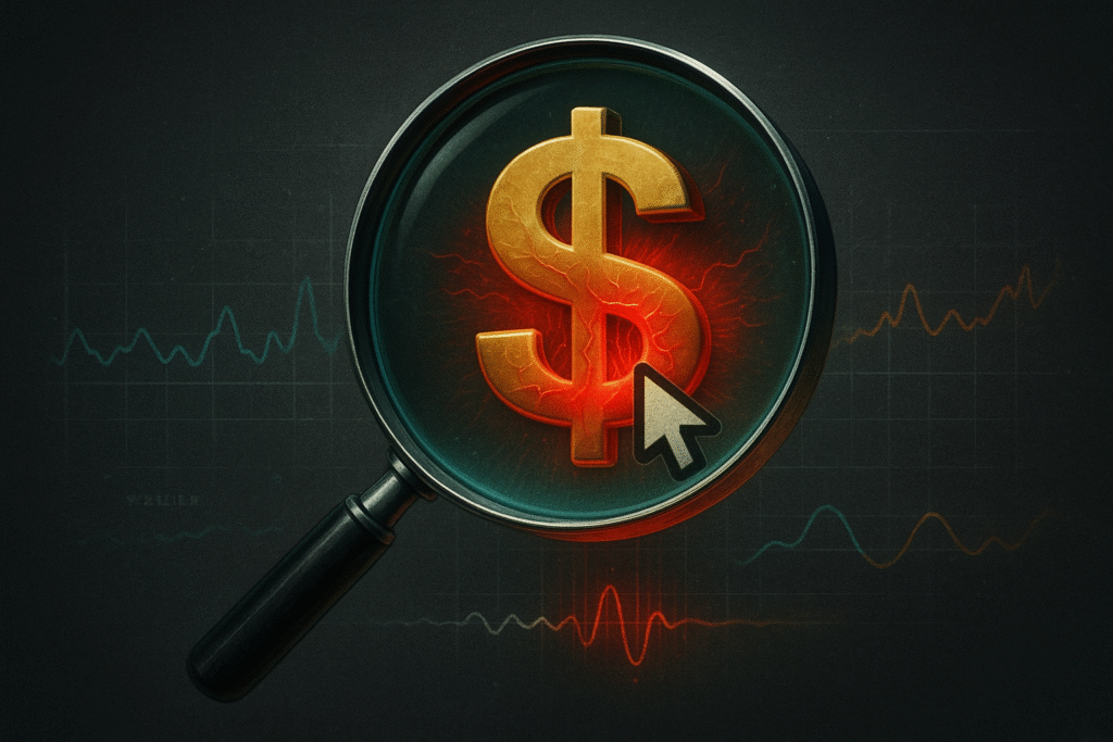 4:3 surreal digital illustration showing a magnifying glass revealing a living, pulsating dollar sign surrounded by behavioral graphs—symbolizing conversion optimization and behavioral metrics in marketing.