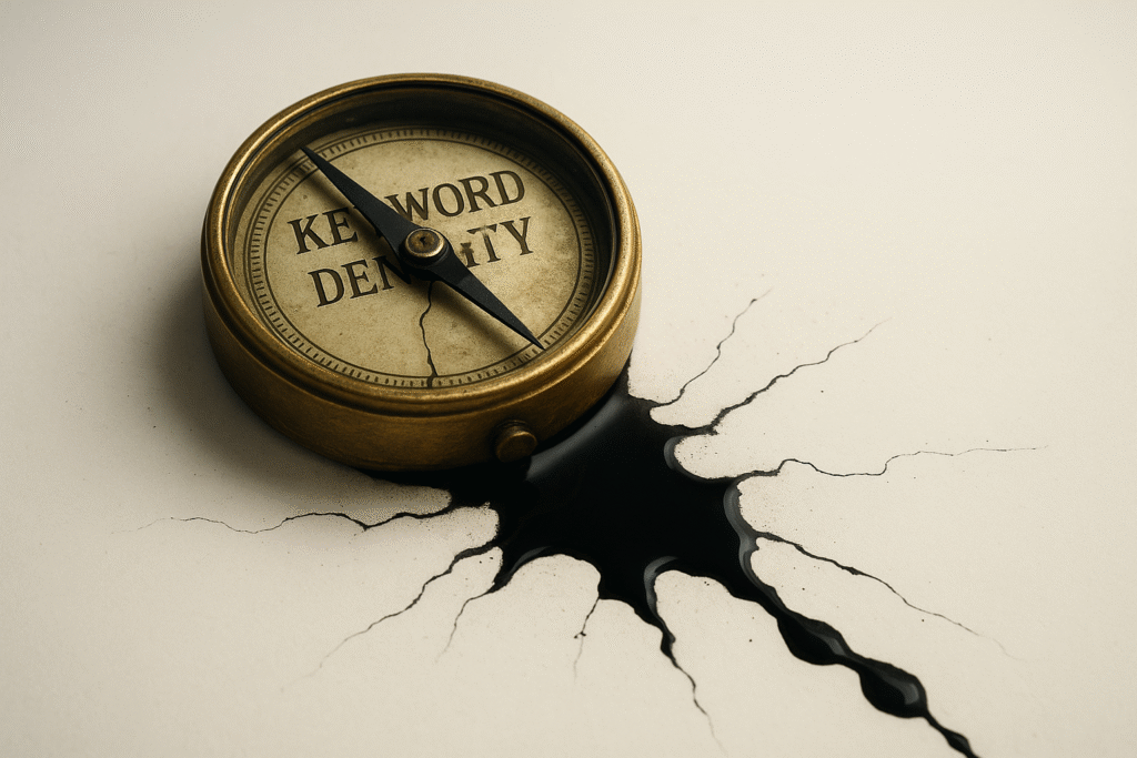 Broken brass compass engraved with Keyword Density leaking black ink across a white surface, symbolizing outdated SEO tactics eroding into irrelevance.