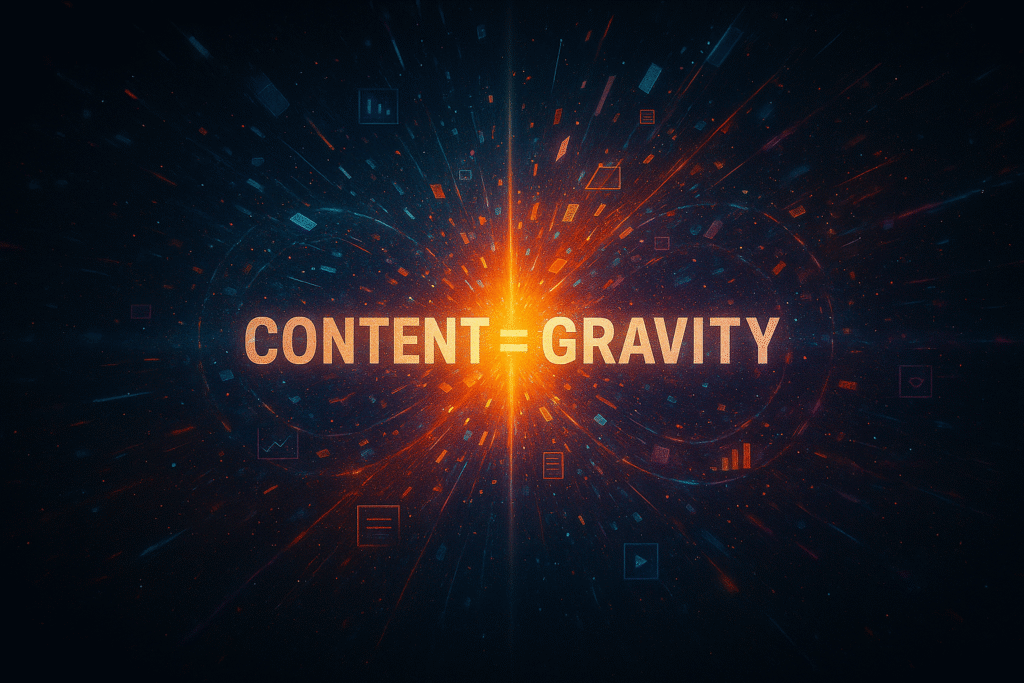 Explosive digital supernova with glowing text CONTENT = GRAVITY surrounded by radiant data fragments, symbolizing the inevitable force of future-focused content.