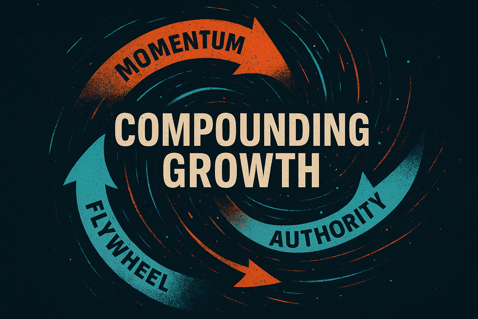 Dynamic illustration of swirling arrows labeled Momentum, Flywheel, and Authority converging in a circular vortex, symbolizing compounding growth through sustained motion and energy.