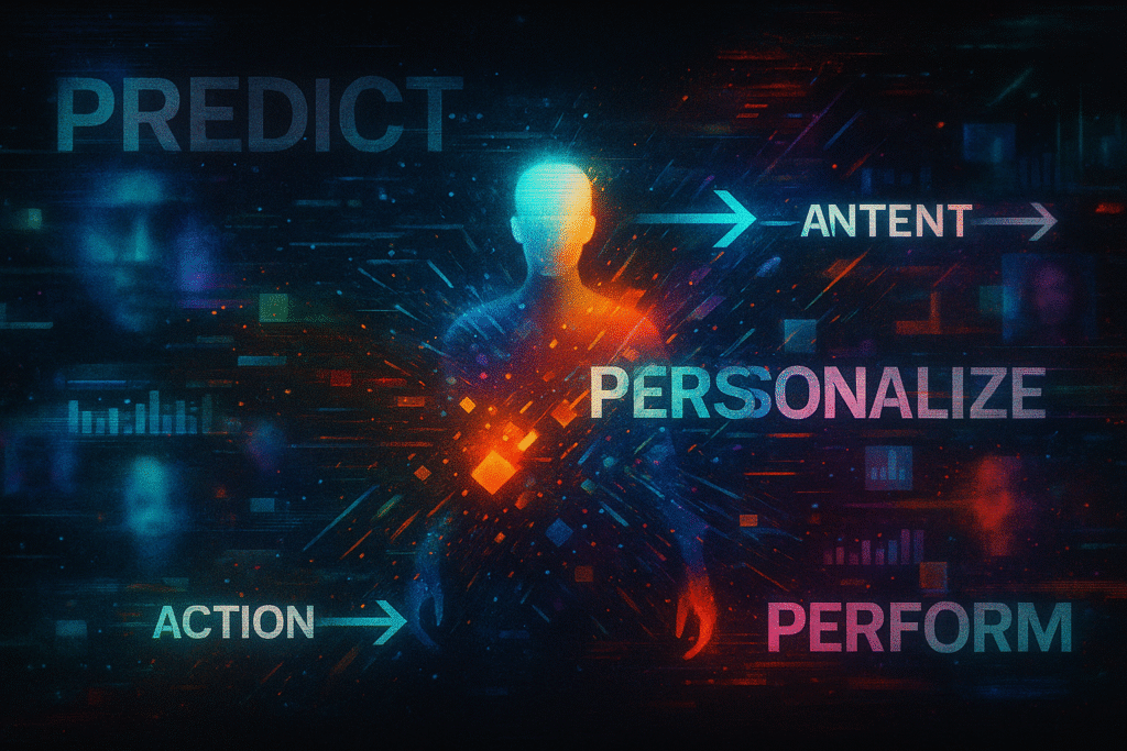 4:3 digital chaos-poster showing heat maps, blurred faces, and glitching arrows labeled ‘Intent → Action → Retention,’ symbolizing predictive personalization and engagement signals in marketing.