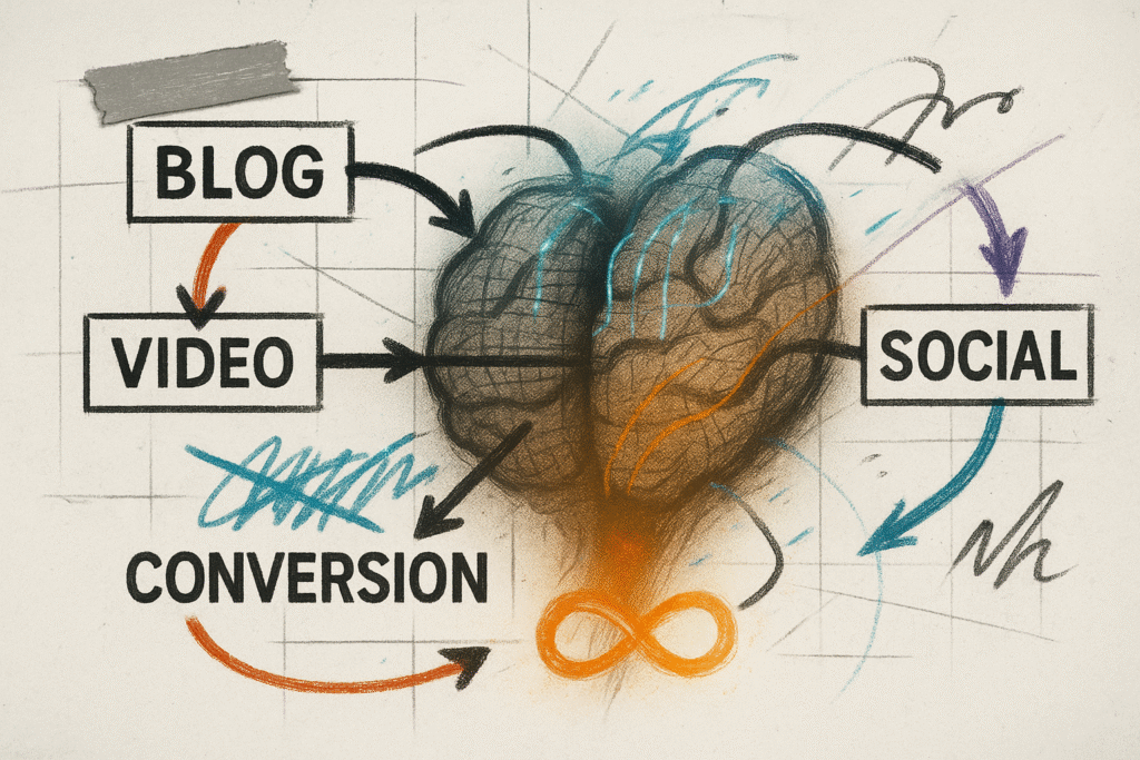 4:3 illustration showing a chaotic marketing funnel diagram transforming into an infinite content ecosystem—representing adaptive content strategy and system evolution in digital marketing.