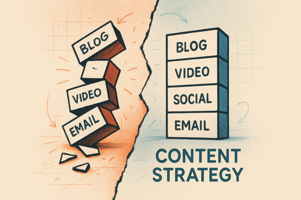 Illustration of a collapsing and aligned content strategy tower labeled Blog, Video, Social, and Email, symbolizing chaos transforming into organized digital marketing structure.