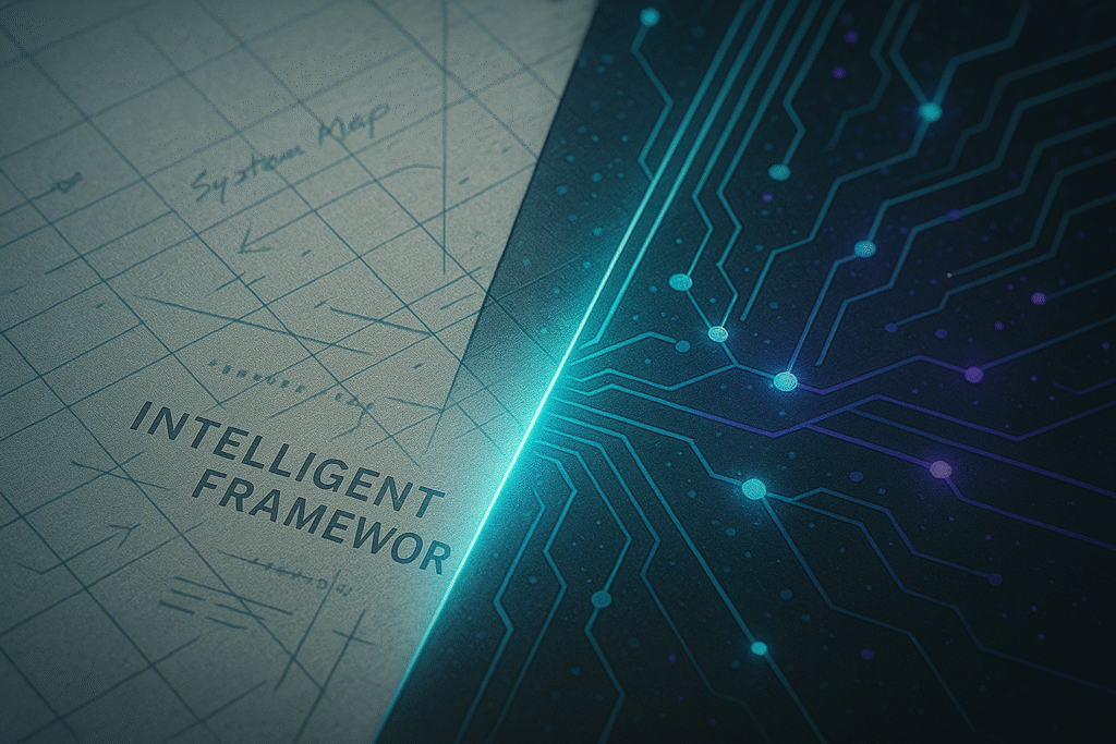 Macro close-up of blueprint merging into neural circuitry, symbolizing an intelligent content framework blending structure and creativity.