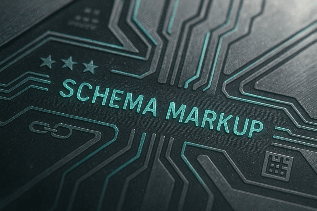 4:3 macro close-up of a metallic microchip engraved with the words ‘Schema Markup,’ symbolizing structured data, trust signals, and SEO precision.