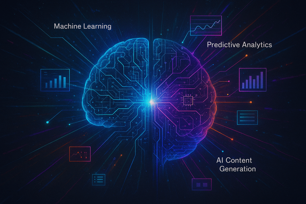 4:3 infographic explosion showing a digital brain made of circuits and data nodes scattering outward—symbolizing AI, automation, machine learning, and predictive analytics in content marketing.