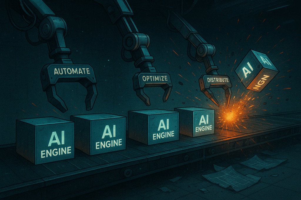 Futuristic factory conveyor assembling glowing tiles labeled AI Engine under robotic arms marked Automate, Optimize, and Distribute, symbolizing scalable content engineering automation.