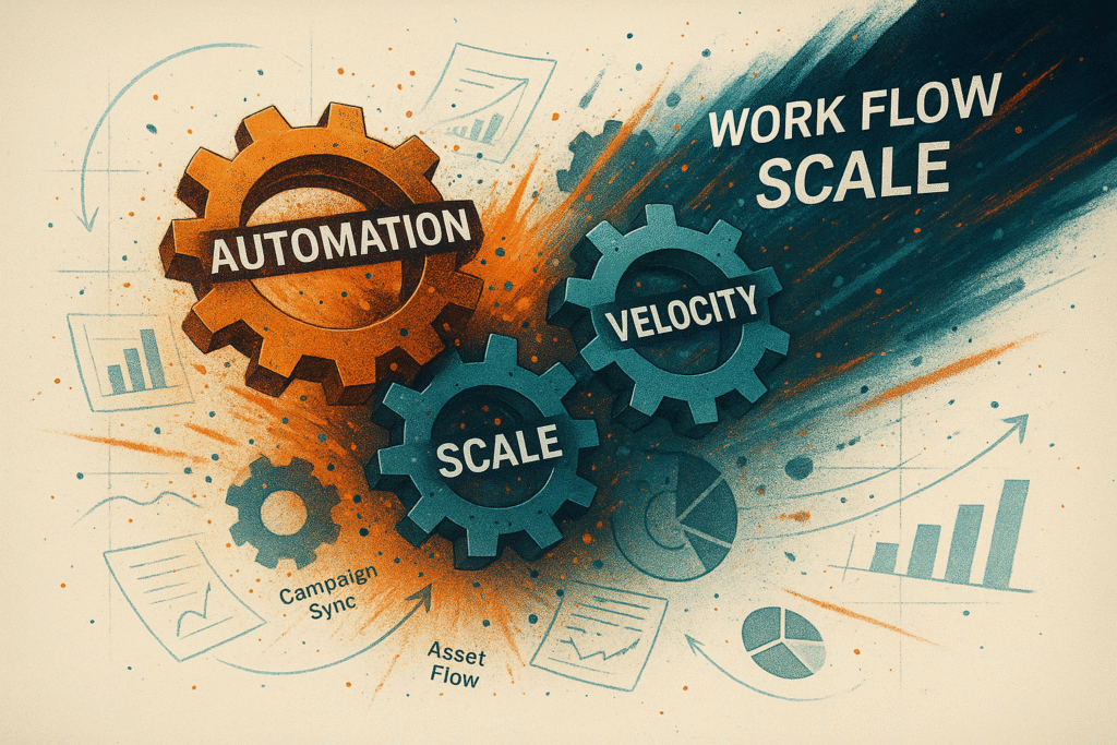 Infographic-style artwork of interlocking gears labeled Automation, Velocity, and Scale bursting outward with data fragments, symbolizing synchronized collaboration and workflow automation.