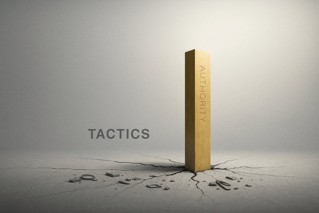 4:3 minimalist digital poster showing a golden pillar labeled with E-E-A-T concepts rising from cracked gray ground—symbolizing authority-driven search and SEO evolution.