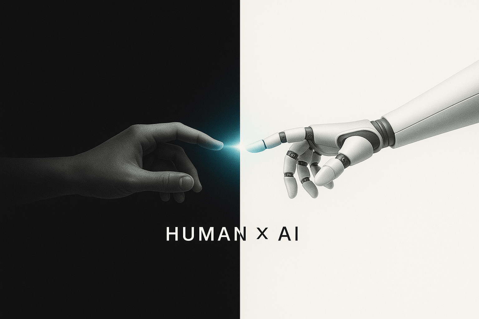 Minimalist composition of human and robotic hands reaching across a black-and-white divide with glowing teal light, symbolizing harmony between human intuition and AI automation.