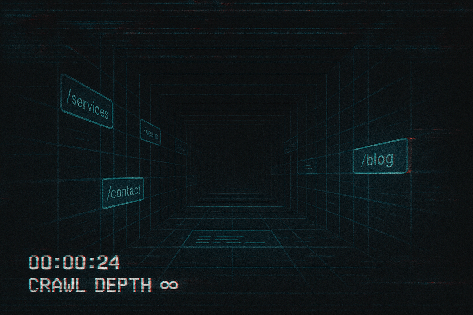 4:3 digital illustration in VHS glitch style showing an infinite tunnel of sitemap boxes labeled Crawl Depth ∞, symbolizing automation and crawl depth reinforcement in SEO systems.