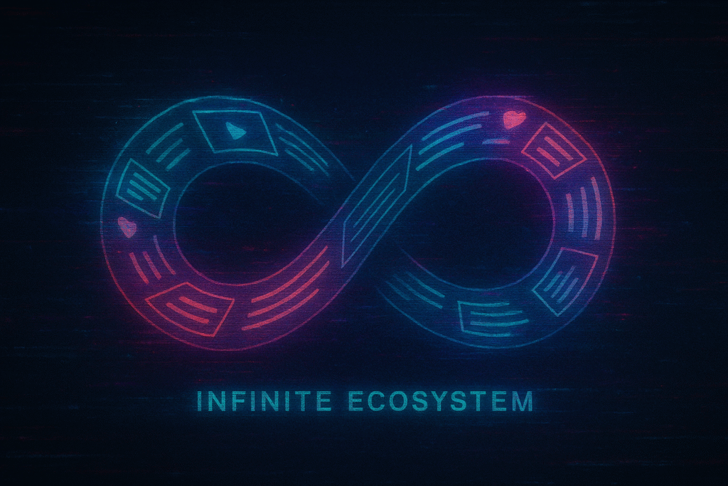 Glitch-style infinity loop made of social media thumbnails and article cards glowing with VHS scanlines, symbolizing an infinite digital ecosystem of influence.