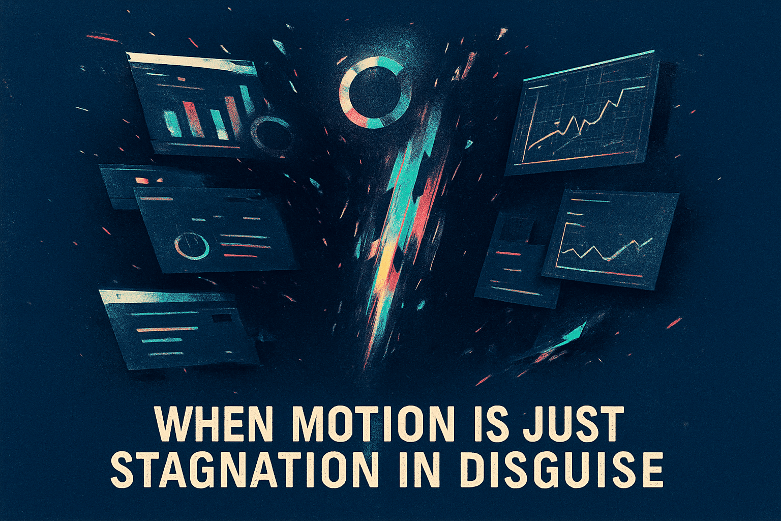 Abstract high-impact chaos poster illustrating stalled digital marketing progress with fragmented UI elements to represent inconsistent podiatry practice visibility.