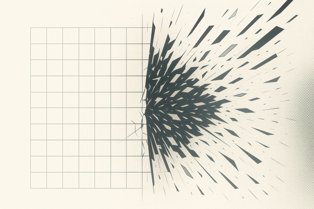 Abstract chaos poster showing an orderly geometric grid collapsing into a cascading avalanche of shards, symbolizing the breakdown of manual marketing models under exponential digital growth.