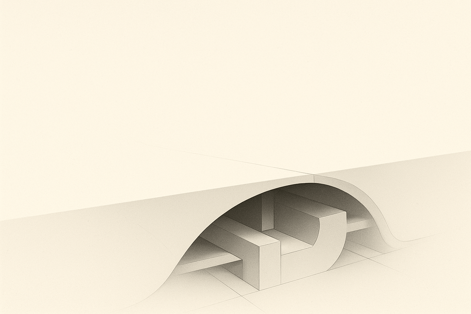 Minimalist clinical illustration showing a smooth surface with subtle subsurface distortions revealing a hidden engine structure, symbolizing the unseen momentum behind content expansion.