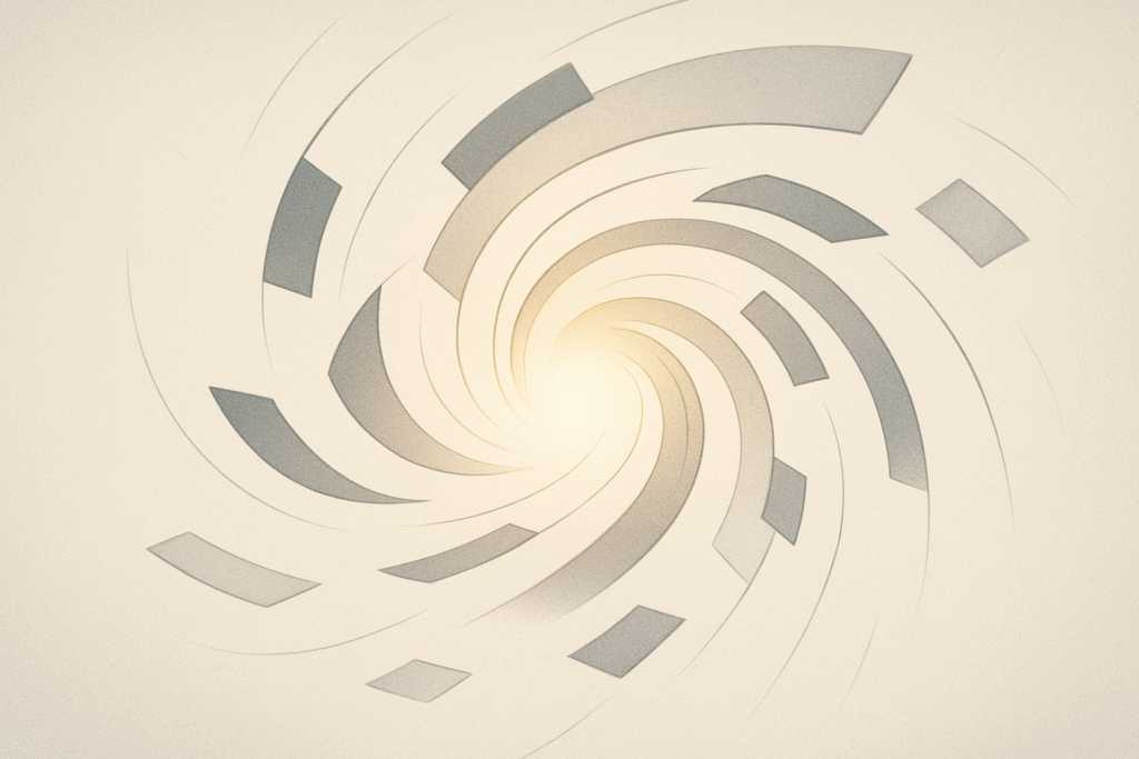 Abstract clinical illustration of a swirling vortex of geometric content tiles converging toward a bright core, symbolizing nonlinear digital marketing expansion and brand ubiquity.