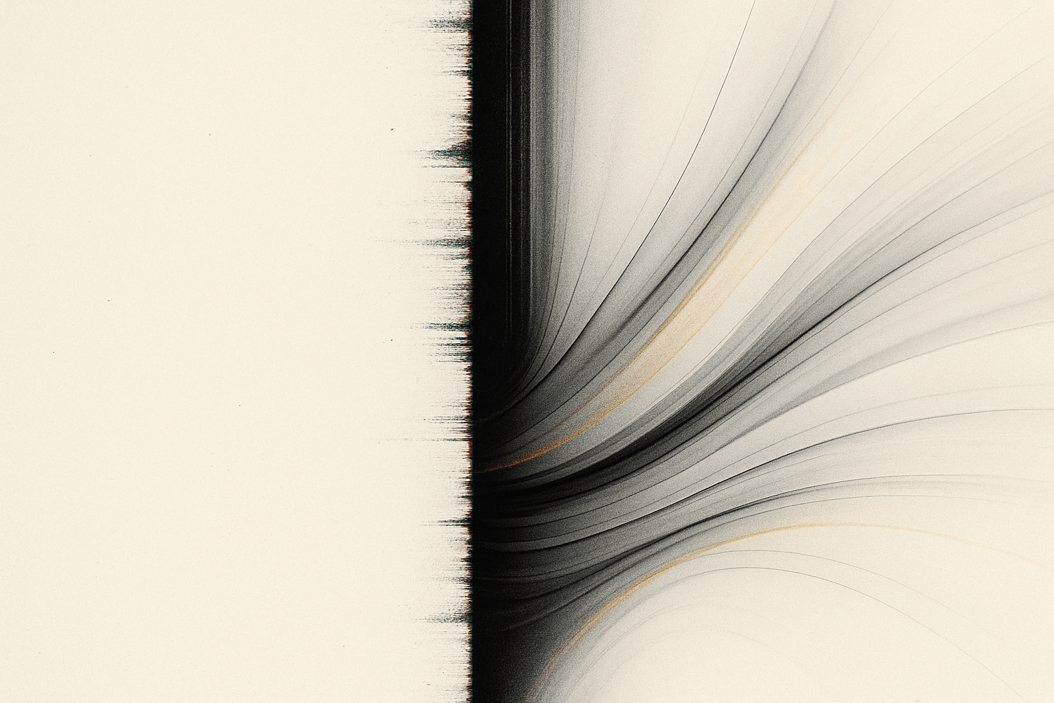 Vertical VHS-style glitch slice dividing a calm field from flowing velocity curves, symbolizing the arrival of a new era in digital marketing.