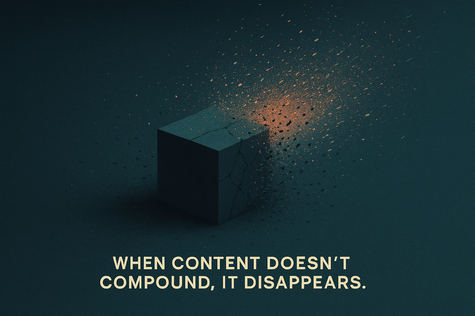 Abstract image of a cube dissolving into drifting fragments, symbolizing the dispersal of podiatry marketing efforts that fail to compound.