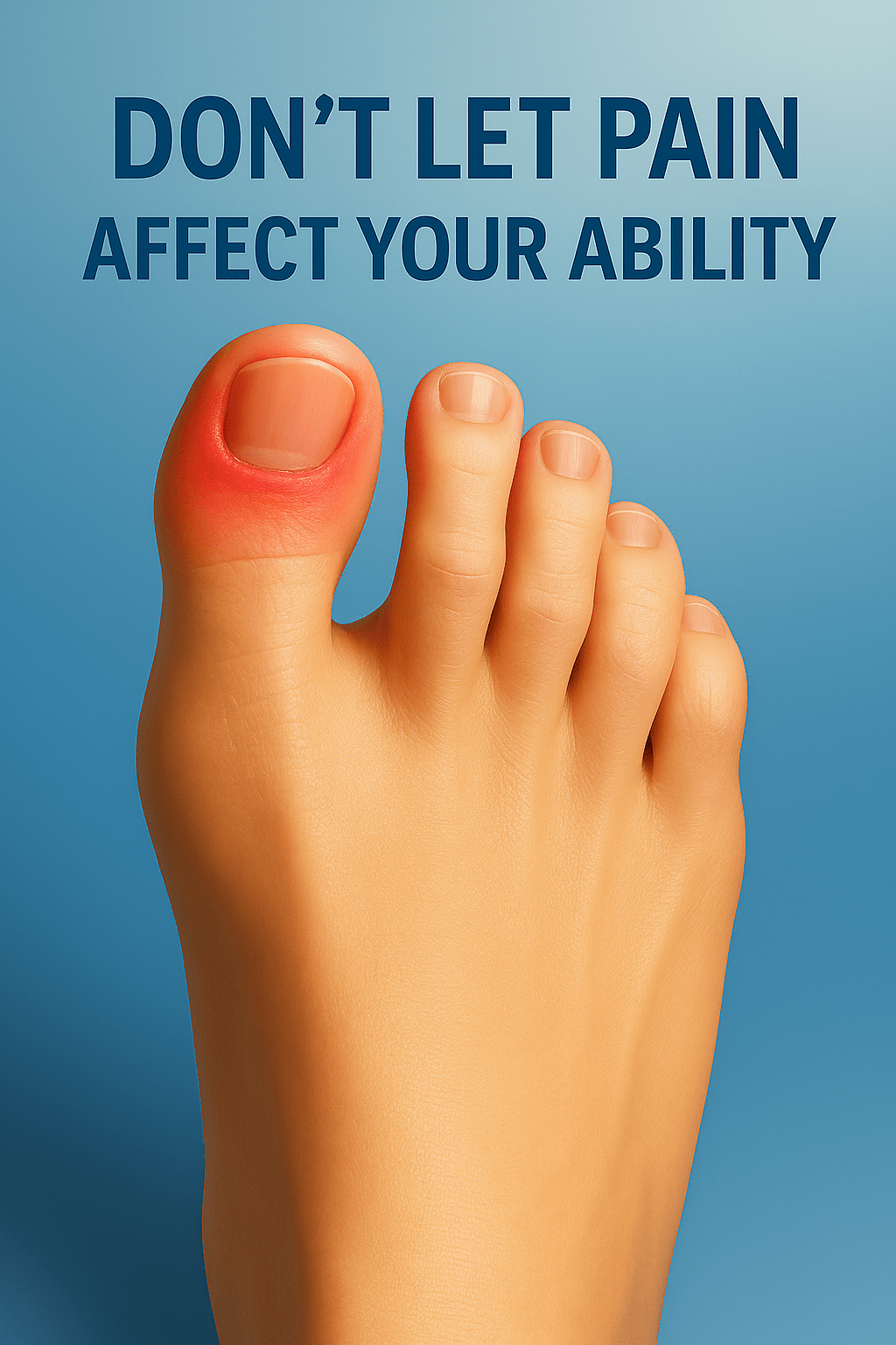 Medical hyper-realistic image of moderate approaching severe ingrown toenail condition