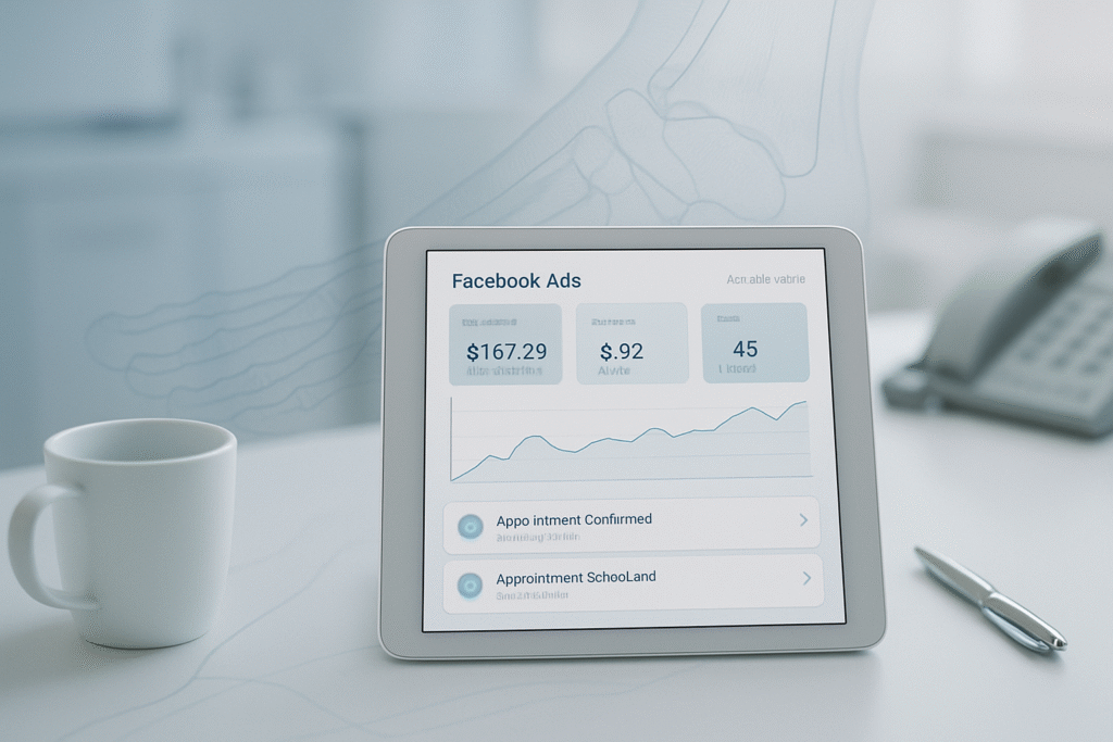 Facebook ads dashboard showing early patient growth for a podiatry clinic