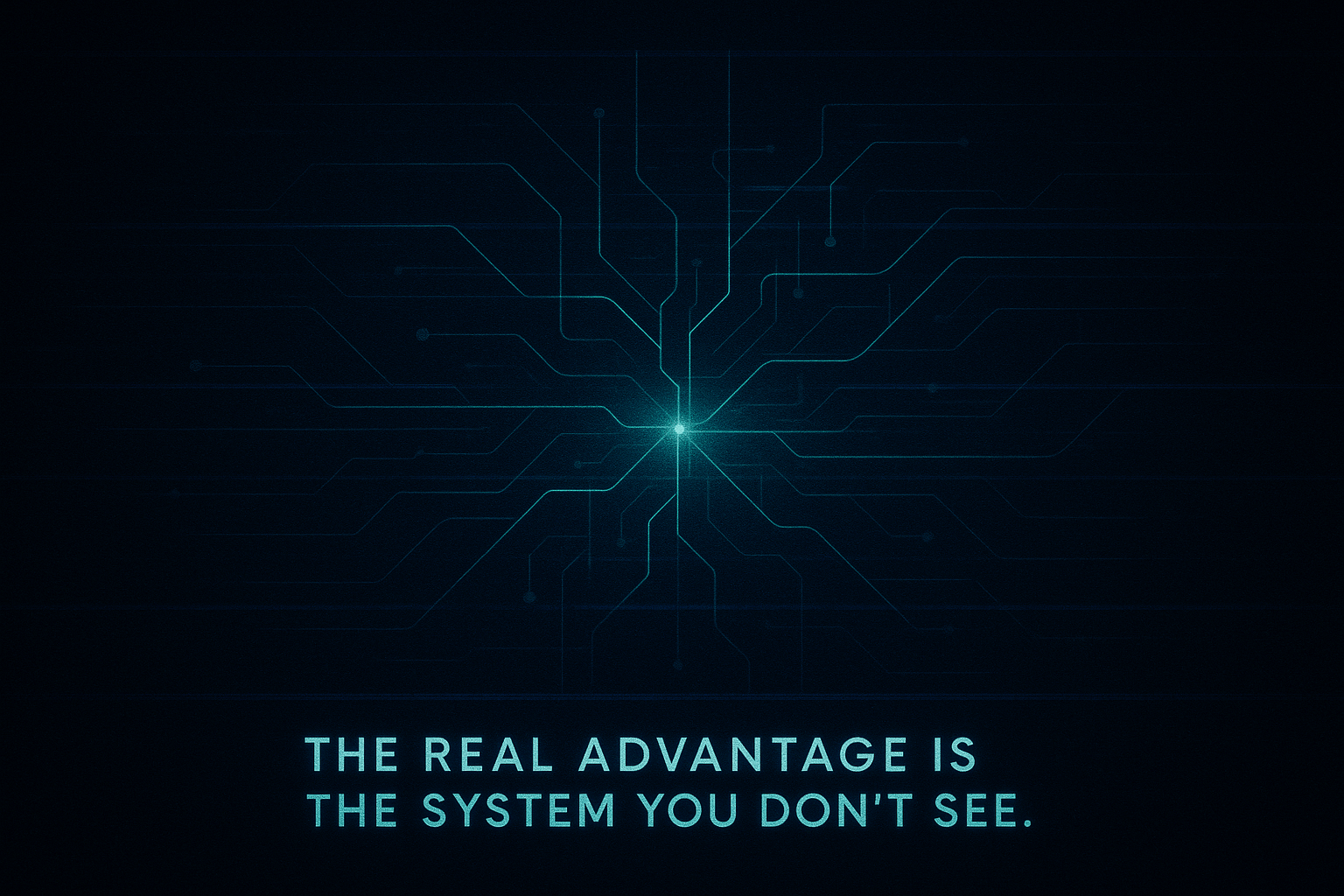 Abstract blueprint-style image emerging from darkness with a glowing central nexus, symbolizing hidden marketing systems driving competitor advantage.